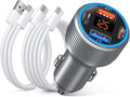 4-Port USB C Car Charger for iPhone 17/16e/15 Pro Max, 65W Multi Port PD+QC 3.0 Fast Charging Dual 12V USB-C&USB-A Car Charger Cigarette Lighter Adapter Voltmeter for iPhone Air 17 16 15 Pro