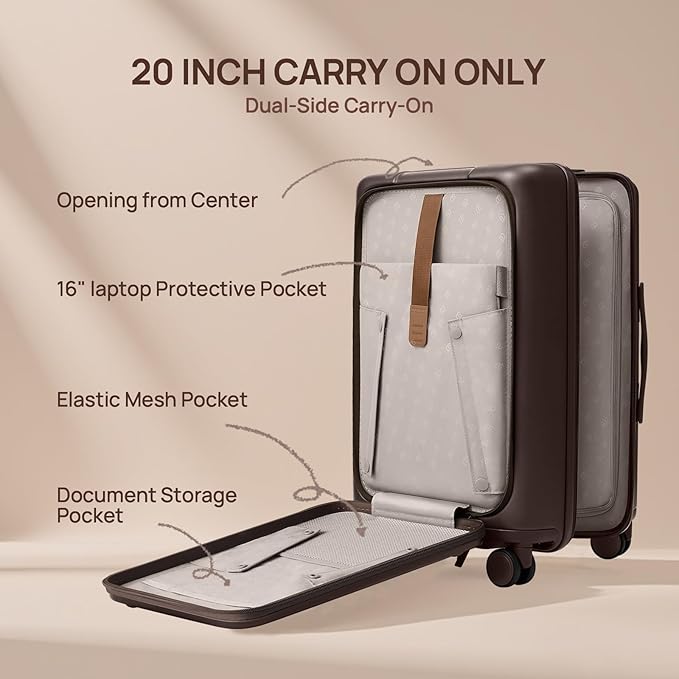 NINETYGO Carry On Luggage 22x14x9 Airline Approved, 20 Inch Suitcase with Front Compartment, Coffee-Infused PC Hard Shell, Eco-Friendly, Cup Holder, Clamshell, TSA Lock, Spinner Wheels (Latte)