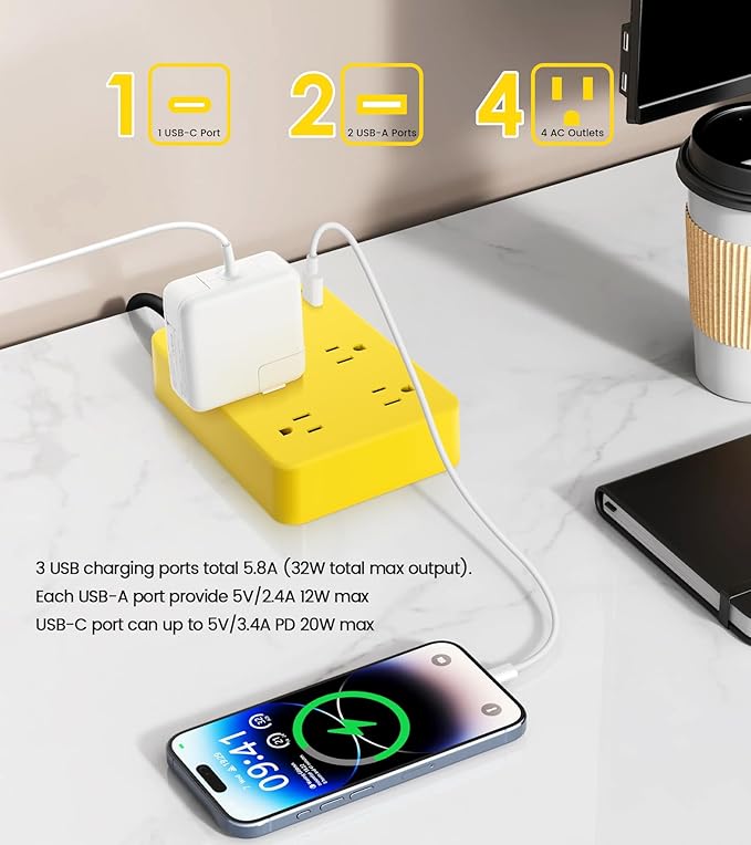Outdoor Power Strip Weatherproof,Fast Charging Station 20W USB C,Waterproof Surge Protector 4 Outlets, Multi Outlet Extension for Camping, Garden, Kitchen,Bathroom,Flat Plug (Yellow, 25 FT Cable)