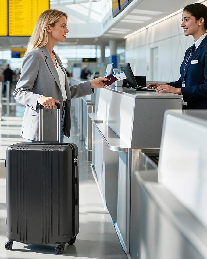 Coolife Luggage PC+ABS Expandable Hardshell Suitcase with TSA Lock, Spinner Checked Lightweight (navy, L(28IN))