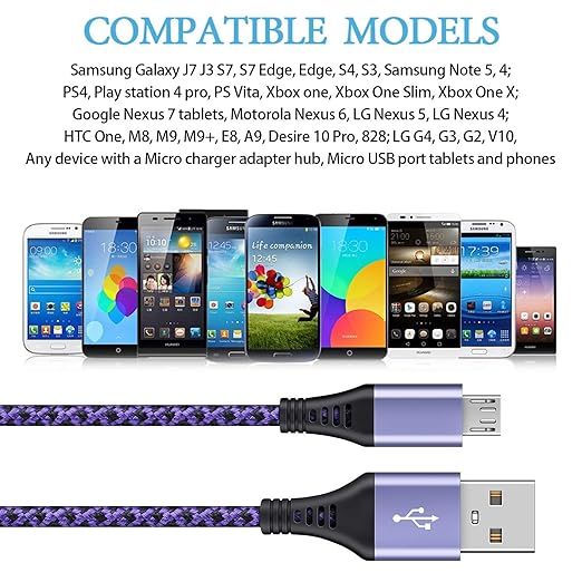 Micro USB Cable, [4Pack/3Ft] Android USB Male to Micro B Charger Cord, Fast Charging Speed Data Wire Nylon Colored Braided Powerline Cable for Samsung Galaxy S7 S6 J7 J3 J8 A01 Kindle Fire Droid