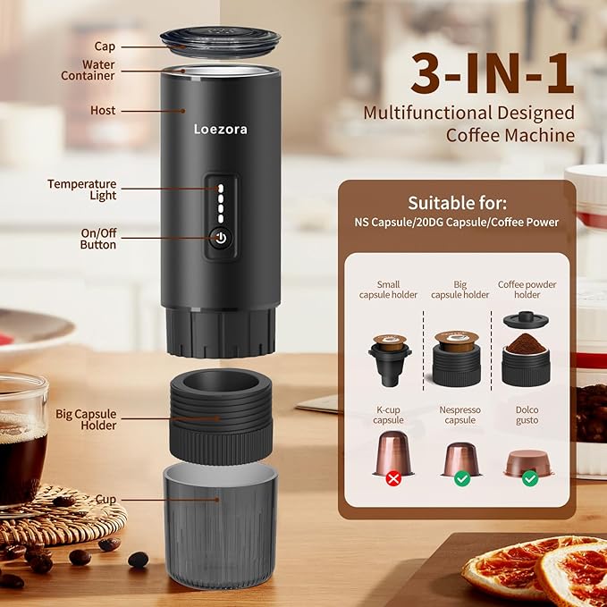 Portable Espresso Maker, 20Bar Rechargeable Wireless Stainless Steel, 3-in-1 for Nespresso & Ground Coffee, Self-Heating Travel Coffee Machine for Camping Office (Black)