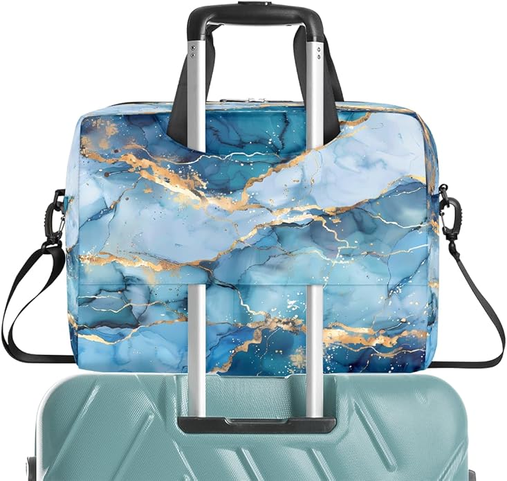 Laptop Bag Teal Blue Liquid Golden Marble Laptop Case Sleeve Messenger Bags with Shoulder Strap Briefcase for Laptop 13 14 14.5 15.6 16 in