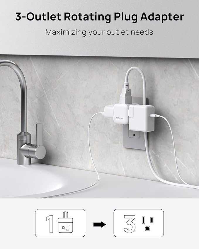 TROND Multi Wall Outlet Extender - Sideways Plug Adapter with 3 Electrical Sockets, 360 Rotating Plug to Turn the Horizontal to Vertical Outlet for Plugging Air Freshener, Cat Calming, Night Light