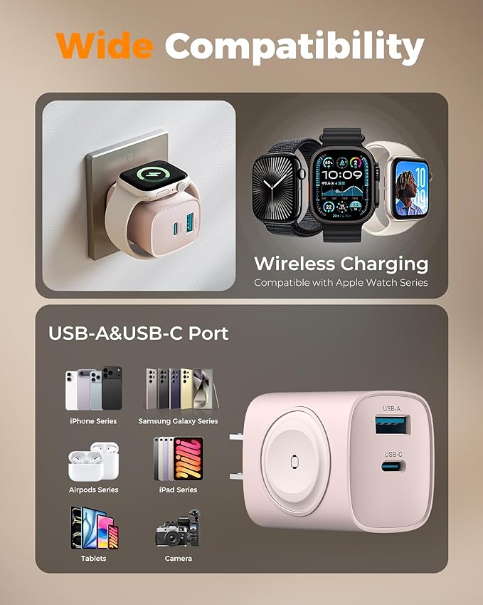 Charging Blocks for Apple Watch, 3-in-1 PD 20W USB C Charger Block with Built-in Wireless Watch Charging, Dual Ports Wall Charger Compatible with iPhone,AirPods,iWatch,Pink