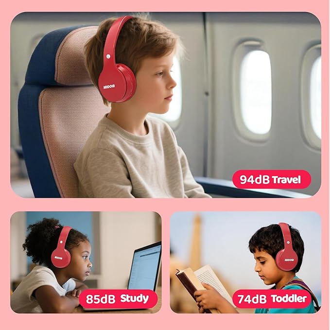MIDOLA Kids Headphones Bluetooth 5.3 Wireless 60H Play Time Volume Limit 85/110dB Over Ear Foldable Protection Headset/Wired AUX Cord Mic for Children Boy Girl Travel School Phone Pad Tablet Red