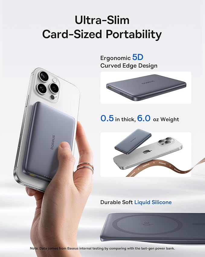 Baseus Picogo Magsafe Portable Charger, Qi2 15W 0.5" Ultra Slim 10000mAh Wireless Power Bank, Bundle with Power Bank Fast Charging 67W, 10000mAh Small Portable Charger Built-in Dual USB C Cable