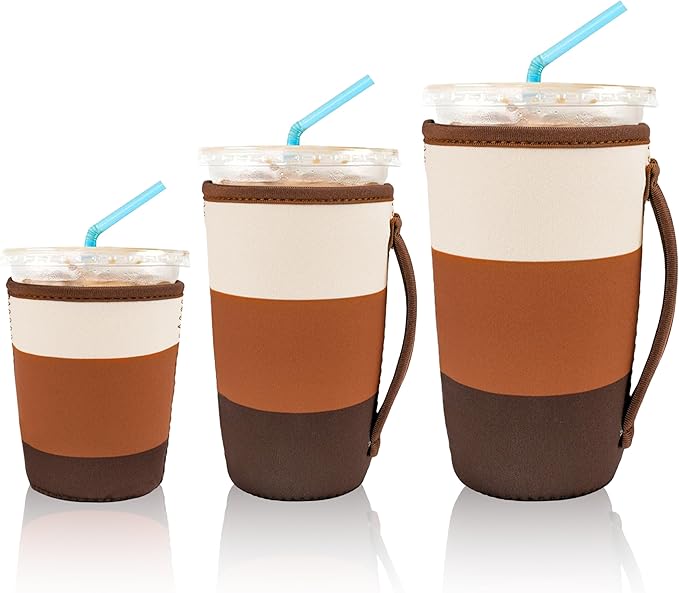 KJQJLY 3 Pack Reusable Iced Coffee Sleeves for Iced Coffee Cups or Drinks Reusable Neoprene Insulated Sleeves for Hot and Cold Drinks from Starbucks, Dunkin, And More (Mocha Brown)