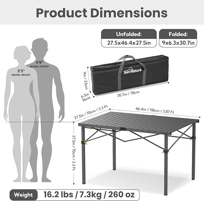 Join Nature Portable Outdoor Camping Table Large for 2-6 Person - Foldable Camp Table with Aluminum Roll-Up Top & Carry Bag for BBQ, Tailgating, Backyard, 220 Lbs Capacity, Stable & Sturdy (Black)