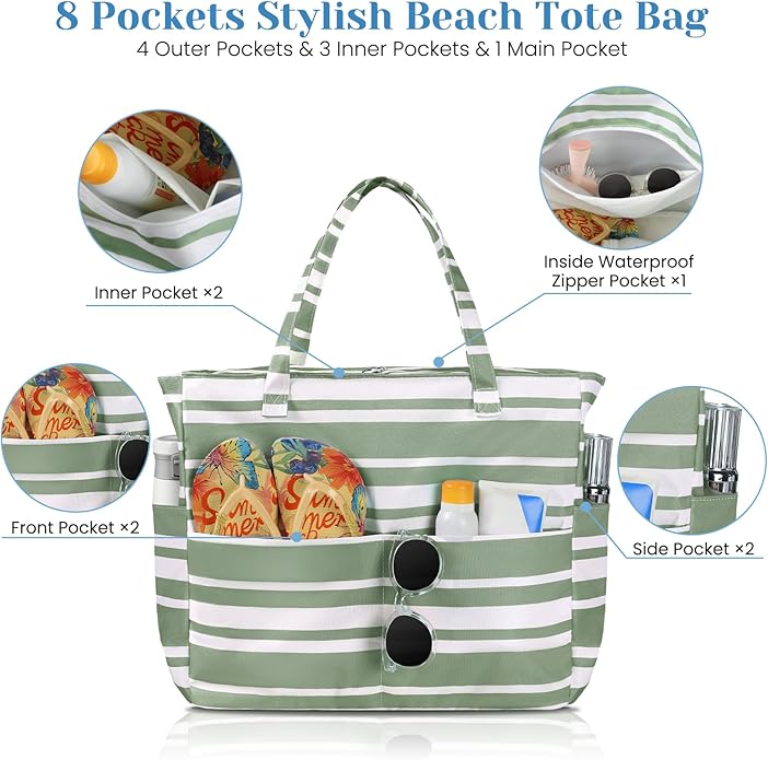 Trifabricy Beach Bags for Women Waterproof Sandproof Women Tote Bag, Large Beach Bag with Zipper for Gym Travel Vocation