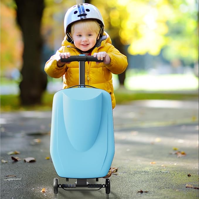 TABU 21" 3-D Hardshell Scooter Suitcase for Kid & Adult, Foldable Carry-on Scooter Luggage for Age 4-15, Multifunctional Ride On Lightweight Luggage with Telescopic Handle, Light Blue