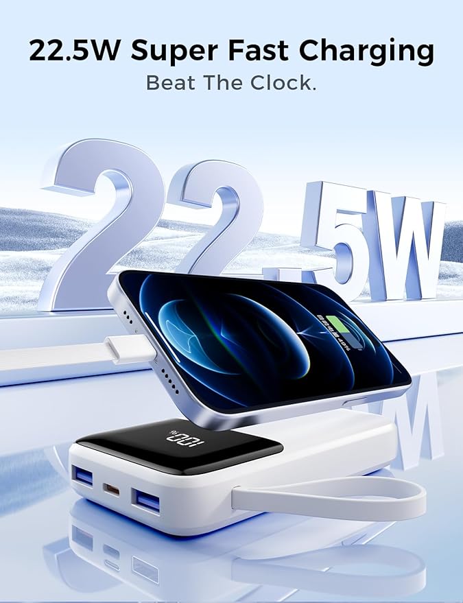 Power Bank, 15000mAh Portable Charger with Built in Cable, 22.5W Fast Charging, 6 Outputs, Slim Travel Essential Battery Pack with LED Display, Compatible with iPhone 17/16/15/14/13, iPad White
