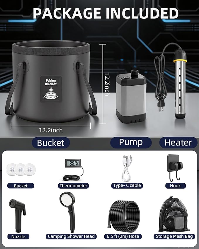 2026 Upgraded Portable Shower with Heater for Camping, 6000mAh Rechargeable Camping Shower Pump with LED Display, 3 Spray Modes 5 Gal Foldable Bucket, Outdoor Shower for Travel RV Pet Bath Car Washing