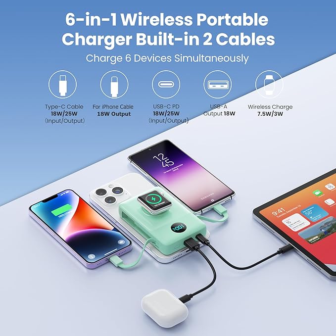 6 in 1 Magnetic Portable Charger for iPhone with Built-in Cables, 10800mAh 25W PD Fast Charging Power Bank, 6 Outputs LCD Display Travel Essential Battery Pack for iPhone 17/16/15/14/13/12 (Green)