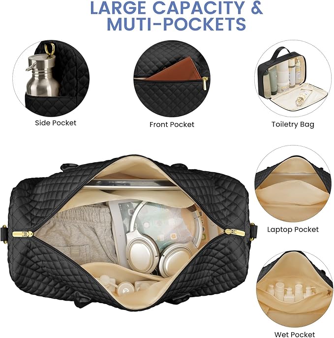 Women Weekender Travel Duffle Bag: Travel Duffel Overnight Bags with Shoe Compartment Large Carry on Tote with Toiletry Bag Weekend Traveling Yoga Gym Hospital Bag for Women with Wet Pocket Black