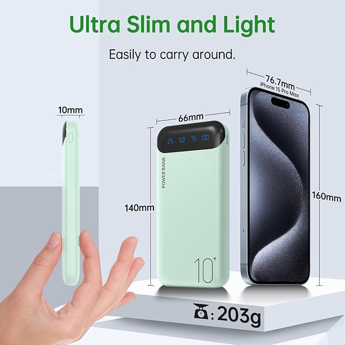 YOBON Power Bank 10000mAh Portable Charger Slim Battery Pack with 2 USB 2.4A Outputs and USB C in/Out Compatible with Huawei iPhone 16 15 14 13 12 iPad Samsung Galaxy S20 Android Tablet (Light Green)