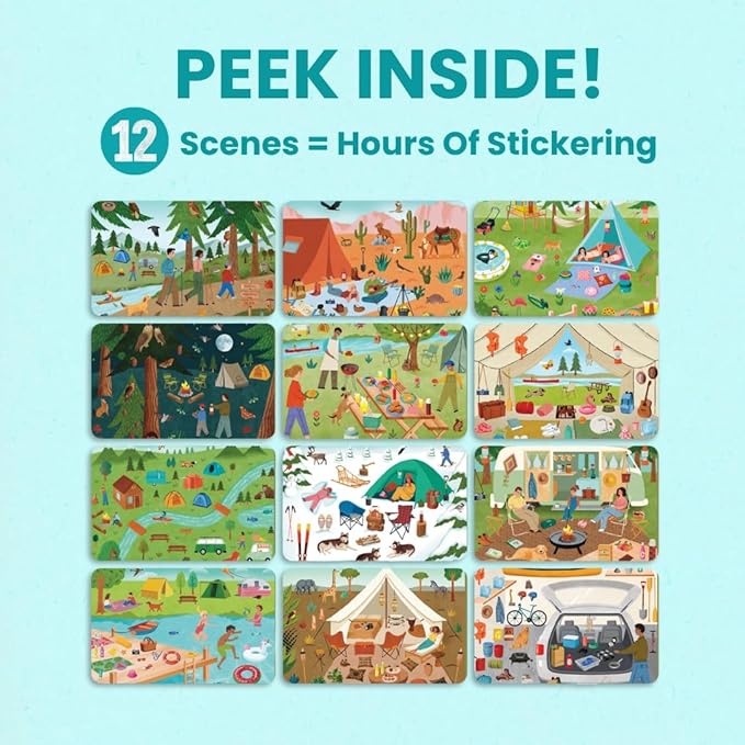 Camping 500+ Kids Sticker Book by Cupkin Fun Toddler Travel Activity Coloring and Sticker Book, Road Trip Essentials, 12 Coloring Pages + 12 Side by Side Scenes for Ages 2–8 Years