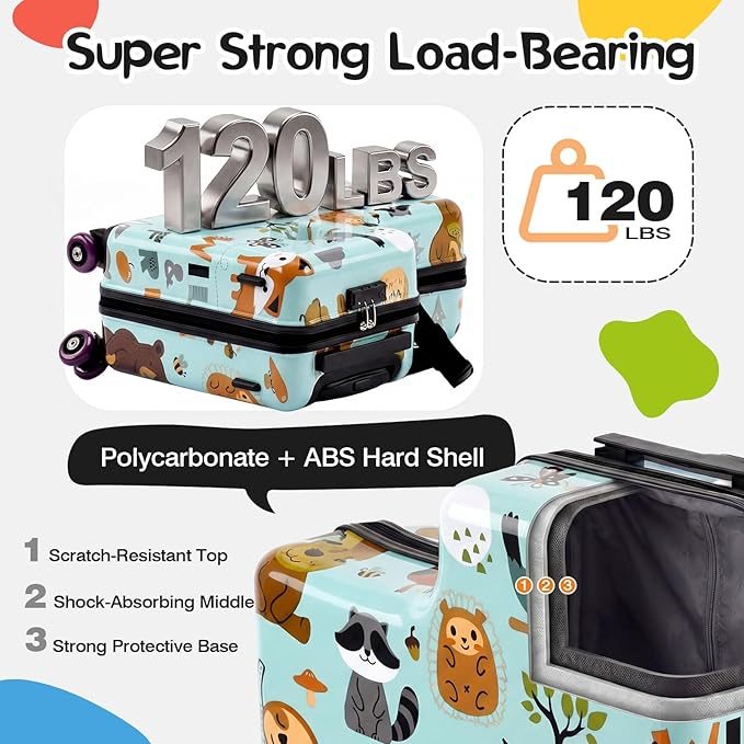 smilesun 20" Ride-On Suitcase for Kids, Cute Pattern, Lightweight Hardshell Carry-On Luggage with Double Spinner Wheels, TSA Lock for Boys & Girls（Green）