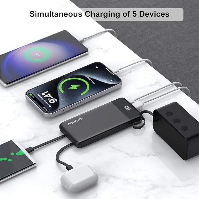 Portable Charger Built-in Cables,10000mAh Power Bank for iPhone,Fast Charge USB C Battery Pack Travel Essentials Slim Lightweight Powerbank Compatible with iPhone 17/16/15/14, Samsung, Android, etc
