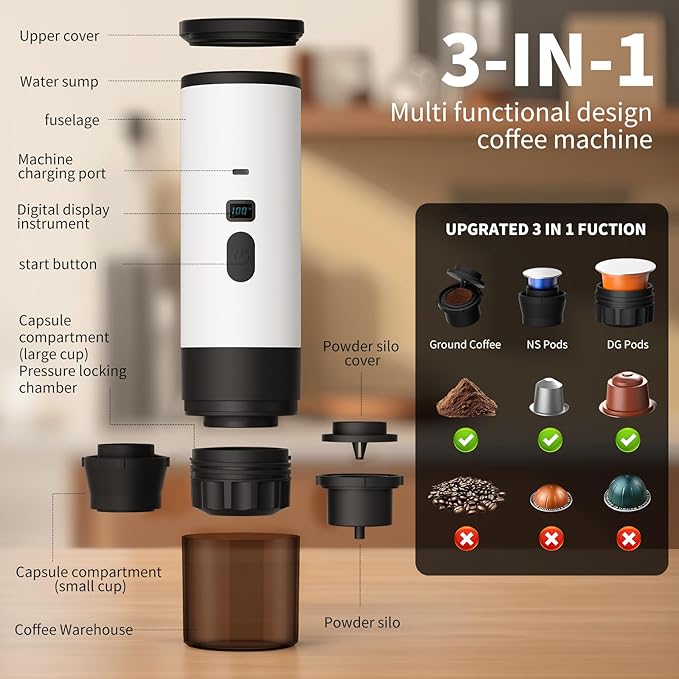 RQUOIRE 3-in-1 Portable Coffee Maker, Espresso Machine, Self-Heating Travel Coffee Maker Compatible with NS, DG Pods & Ground Coffee, Small Mini Espresso Machine for Car Camping, Hiking With Stand