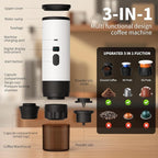 RQUOIRE 3-in-1 Portable Coffee Maker, Espresso Machine, Self-Heating Travel Coffee Maker Compatible with NS, DG Pods & Ground Coffee, Small Mini Espresso Machine for Car Camping, Hiking With Stand