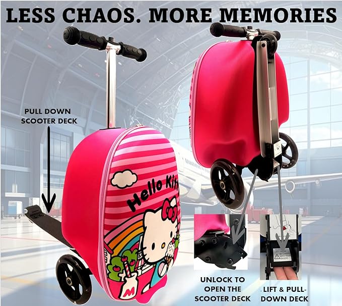 Fast Forward Hello Kitty 2-in-1 Kids Scooter Suitcase & Ride-on Carry-on Luggage Lightweight Travel Case with Built-in Kick Scooter