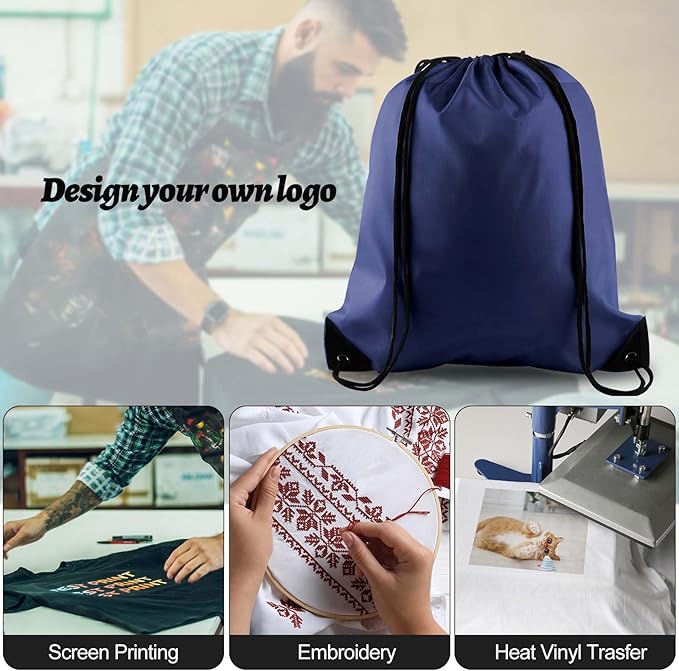 PLULON 15 Pcs Navy Blue Drawstring Bags Drawstring Backpack Bulk, String Backpack Cinch Sack Sport Gym Bags for Yoga Traveling Outdoor Sports