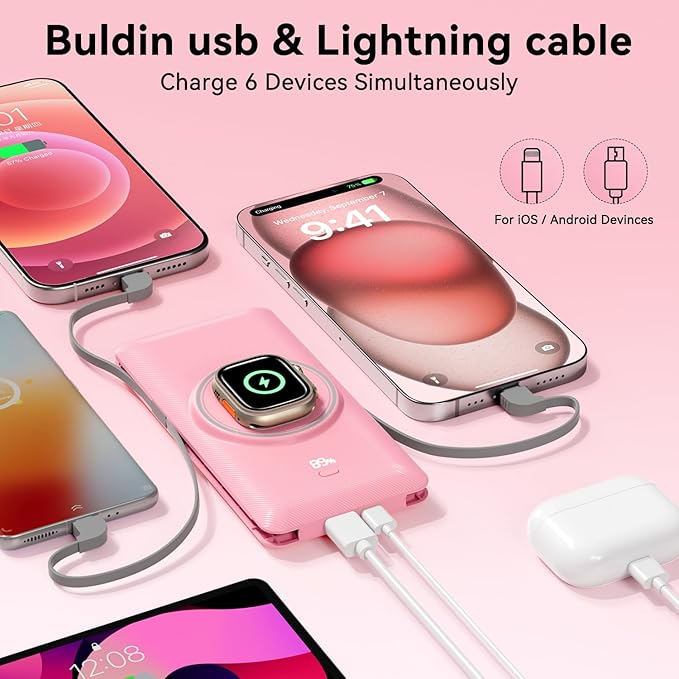 Magnetic 10000mAh Portable Charger for iWatch & iPhone, PD Fast Charging Wireless Power Bank Built-in Cables and Wall Plug, External Travel Battery Pack Compatible with iOS Android Phones