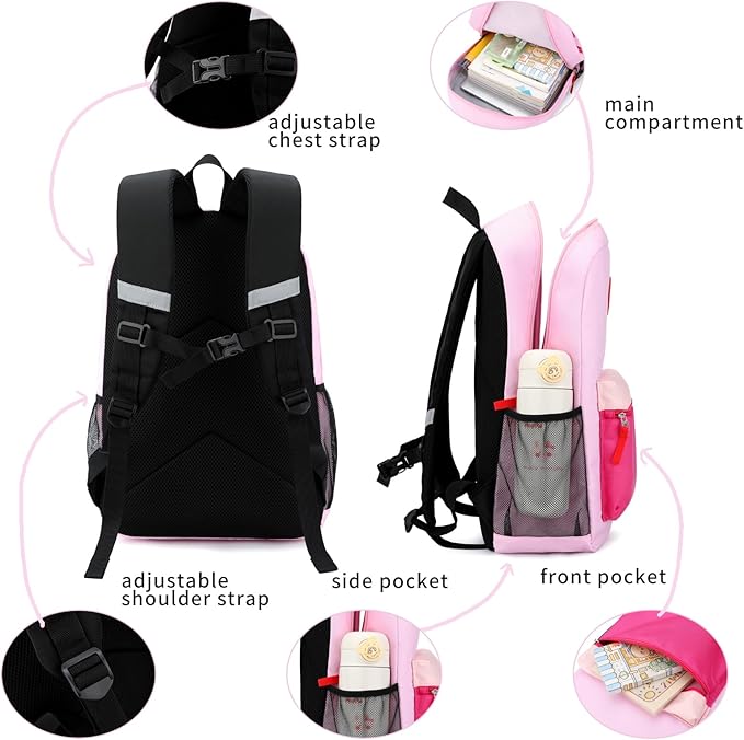 Backpack Set for Girls Boy Kids Backpack with Lunch Box for Elementary Primary Kindergarten School Bag (Purple Pink Set, Large)