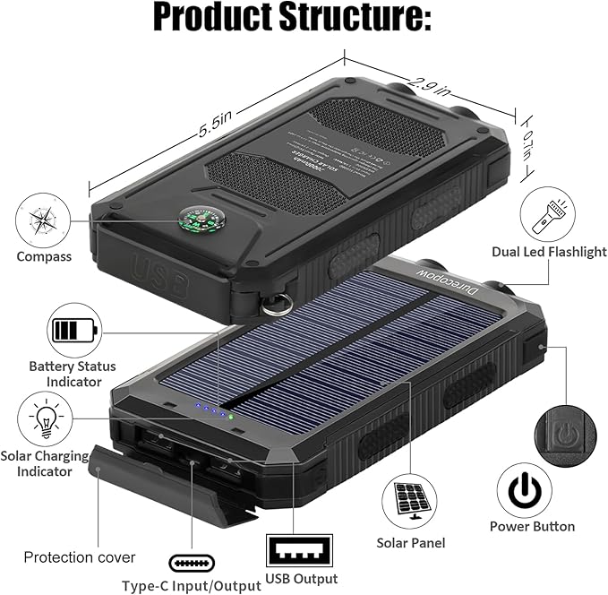 Solar Charger Power Bank, 8000mAh Portable Outdoor Waterproof Solar Battery Charger, Camping External Backup Battery Pack USB C Ports Input/Output, 2 Led Light Flashlight with Compass (Black)