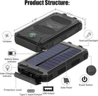 Solar Charger Power Bank, 8000mAh Portable Outdoor Waterproof Solar Battery Charger, Camping External Backup Battery Pack USB C Ports Input/Output, 2 Led Light Flashlight with Compass (Black)