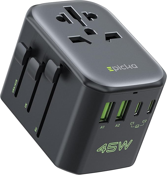 EPICKA Pulse 45W International Power Adapter, Universal Travel Adapter with PD Fast Charging, 5-Port (1 AC/2 USB-A/2 USB-C) European Travel Plug Adapter, Travel Essentials (Black)