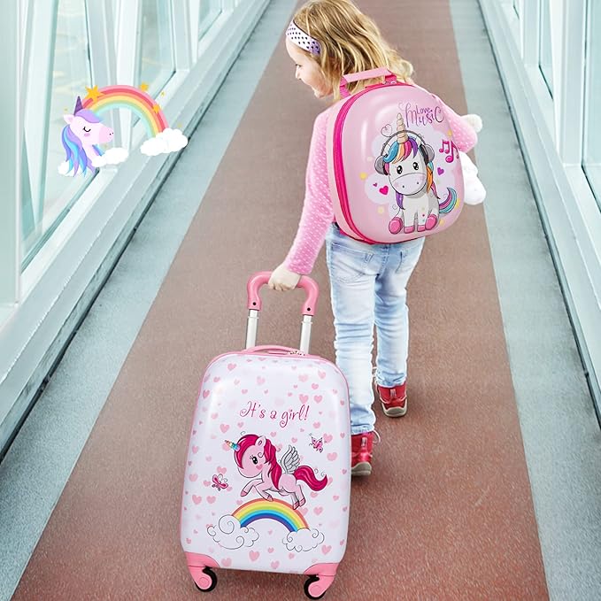 Goplus 2PC Kids Luggage, 12" & 16" Kids Carry On Luggage Set with 4 Spinner Wheels, Lightweight Rolling Spinner Suitcase for Children Toddlers Boys and Girls Travel