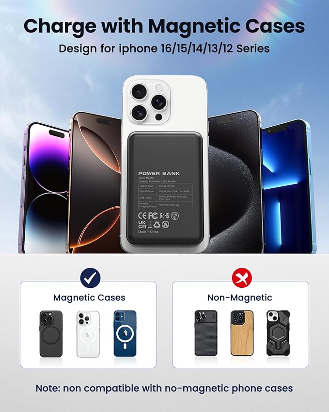 for Magsafe Battery Pack, 12000mAh Magnetic Portable Charger Power Bank PD 22.5W Fast Charging, USB C in & Out Wireless Battery Pack Phone Charger for iPhone 16/15/14/13/12 All Series