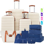 Merax Luggage Set, 13 Piece Suitcase Set with Travel Bag, 16 20 24 28 Inches Carry on Luggage with TSA Lock Expandable,Hard Case Suitcases with Spinner Wheels,White and Brown