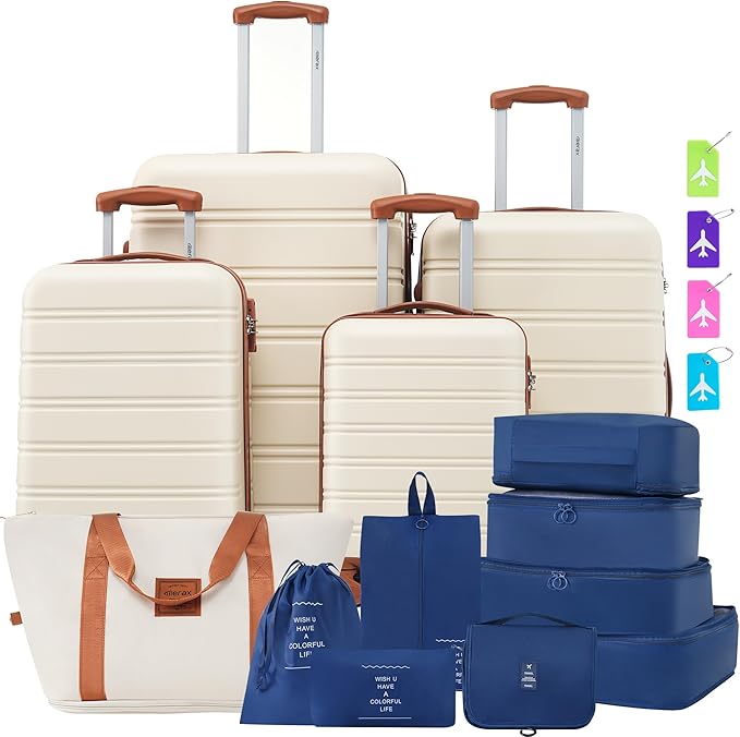 Merax Luggage Set, 13 Piece Suitcase Set with Travel Bag, 16 20 24 28 Inches Carry on Luggage with TSA Lock Expandable,Hard Case Suitcases with Spinner Wheels,White and Brown