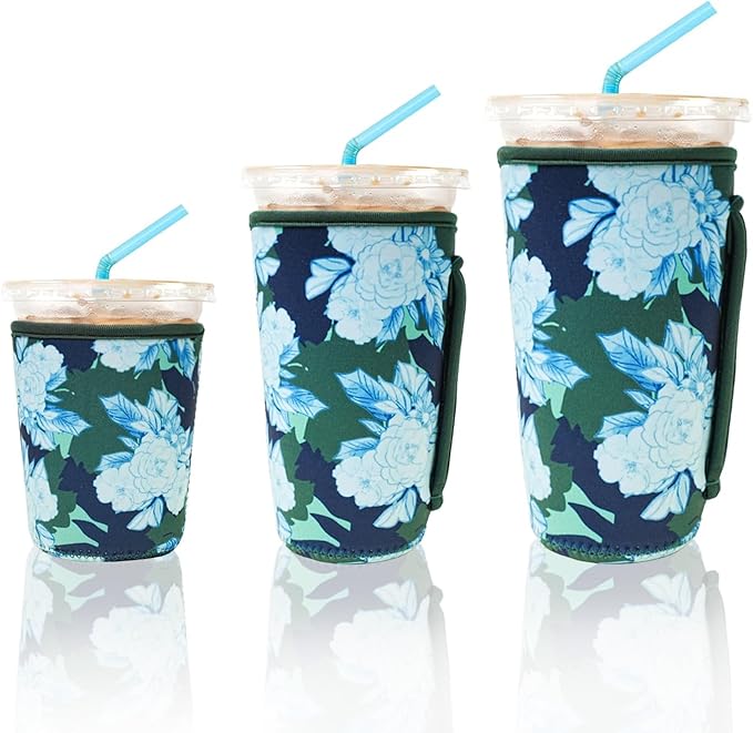KJQJLY 3 Reusable Iced Coffee Sleeves for Iced Coffee Cups or Drinks Reusable Neoprene Insulated Sleeves for Hot and Cold Drinks from Starbucks, Dunkin, And More (Moonflower)