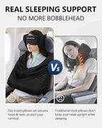 Travel Pillow and Blanket Set, Compact Airplane Pillow Bag with Eye Mask for Long Flights Sleeping, 360° Support Head Strap Travel Essentials for Plane Sleep Neck Upright, Stop Head Bodding (Black)