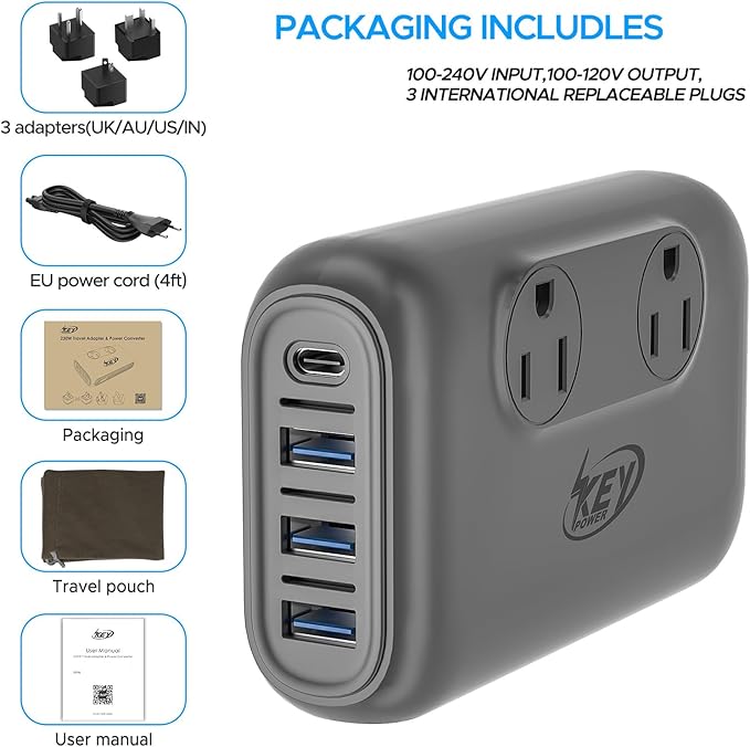 220V to 110V Converter, Key Power 230-Watt Step Down Voltage Converter & Power Converter, International Travel Power Adapter with USB C Port 18W.