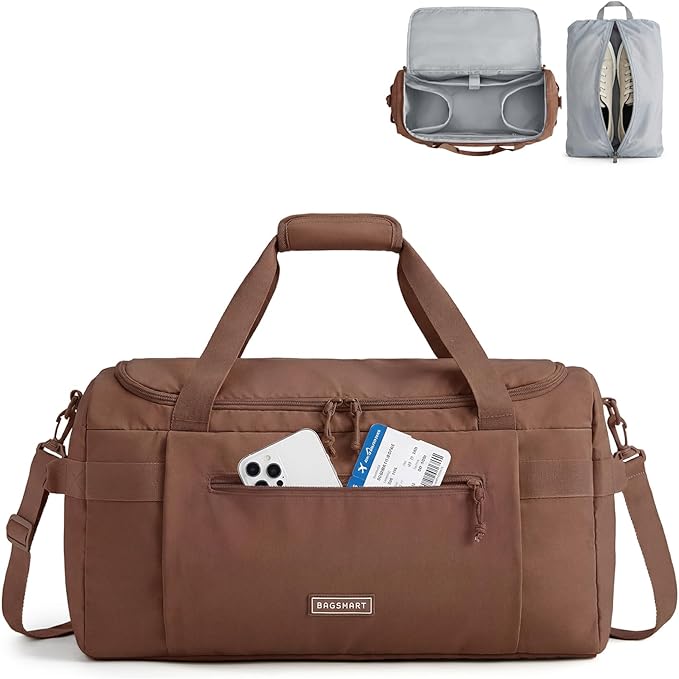 BAGSMART Travel Duffel Bags for Women, 32L Gym Duffle Bag with Laptop Compartment, Carry On Weekender Overnight Bag, Shoe Bag, PVC Wet Pocket, Dark Brown