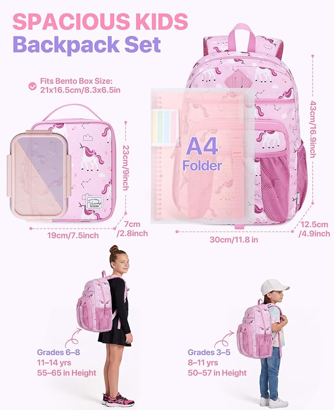 VASCHY Girl Kids Backpack & Lunch Bag Set, 2-in-1 School Bookbag with Insulated Lunch Box for Preschool, Daycare, Kindergarten & Elementary School – Pink Unicorn