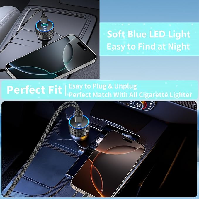 [Apple MFi Certified] iPhone 17 Car Charger Fast Charging, KYOHAYA 4-Port 90W USB-C&USB-A Power Cigarette Lighter PD/QC USB-C Car Charger + Type-C Braided Cord for iPhone 17/17 Pro/16/15/Galaxy/Pixel