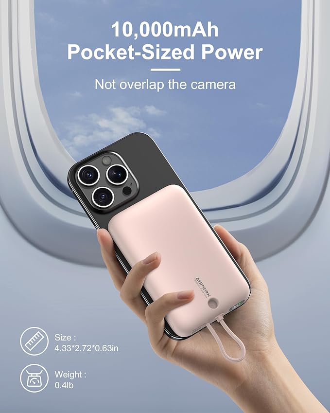 AsperX Wireless Portable Charger, 10000mAh Magnetic Power Bank with Type-C Cable, 22.5W PD Fast Charging Output Portable Battery Pack for iPhone 17/16/15/14/13/12/ All Series, Pink