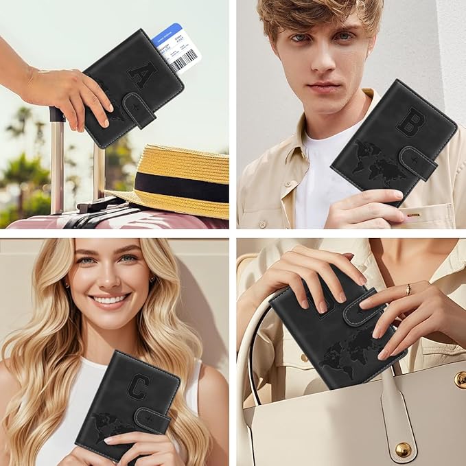 Passport Holder Wallet Cover Personalized Letter A-Z Travel Wallet RFID Blocking Passport Cover Wallet Case for Travel Passport Book Holders for Women and Men, Black-B