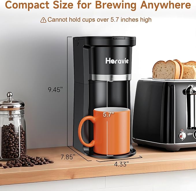 Horavie Small Single Serve Coffee Maker, Fast Brew One Cup Coffee Machine for K Cup and Grounds, 6 to 12 oz. Brew Sizes, Pod Coffee Maker with Descaling Reminder and Viewing Tank, Black