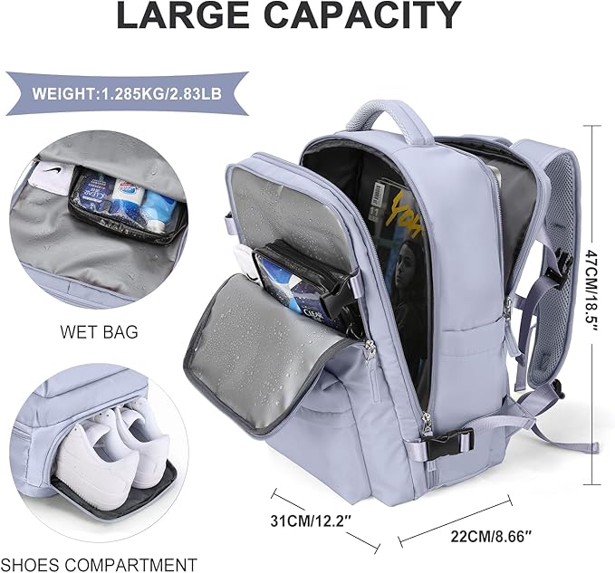 WONHOX Large Travel Backpack Women, Carry On Backpack, Hiking Backpack Waterproof Outdoor Sports Rucksack Casual Daypack with USB Charging Port Shoes Compartment, Taro Purple