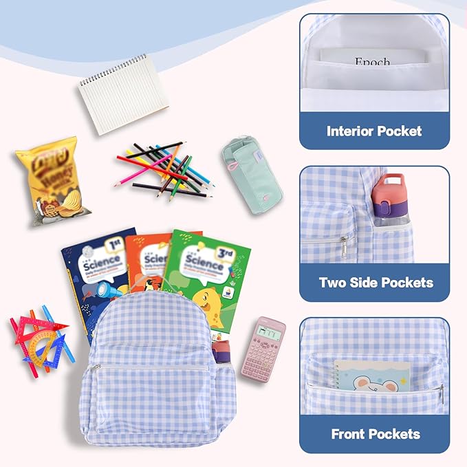 DYSHAYEN Gingham Kids Backpack,15 Inch School Backpack for Girls Boys,Kindergarten Large Bookbag Age 5-8 for Birthday Gifts School Overnight (Blue)