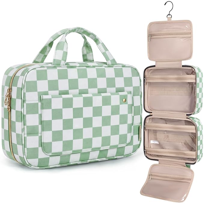 BAGSMART Toiletry Bag Travel Bag with Hanging Hook, Water-resistant Makeup Cosmetic Bag Travel Organizer for Accessories, Shampoo, Full-size Container, Toiletries (Green Checkerboard, Large)