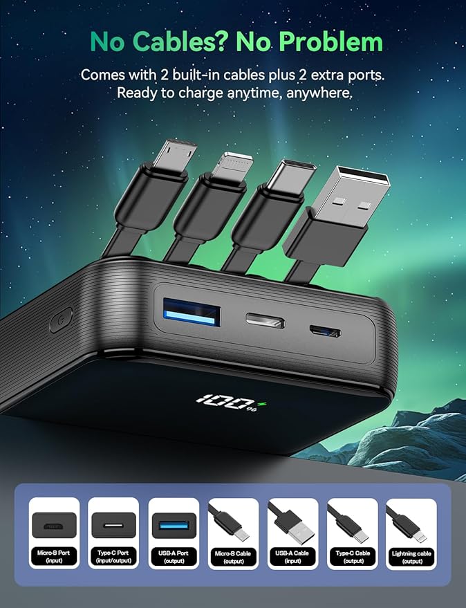 Portable Charger Power Bank 50000mAh, 22.5W Fast Charging Portable Charger with Built-in Cables, Travel Essential 5 Outputs External Battery Pack, LED Display for iPhone, Android, iPad, Black
