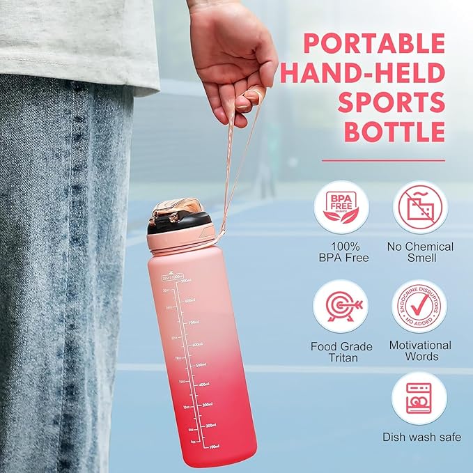 Water Bottle with Straw 1L,Boys Water Bottles with Straw 1 Litre,Waterbottle Leak-Proof Sports Water Bottle,Plastic Drinks Bottles Toxin Free，Bpa-Free (Pink)